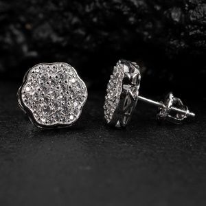 Flower Cluster Mens CZ Stud White Gold 925 Sterling Silver Screw Back Earrings